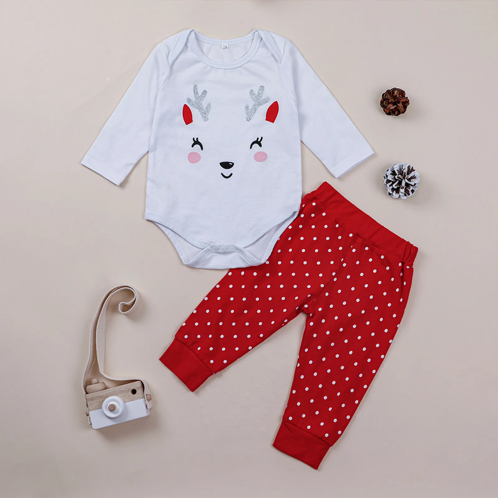 0-18Months korejiešu Jaunā gada kostīmu Zīdaiņu Bērnu Ziemassvētku Drukāt Romper Bodysuit+Viļņu Punktu Bikses Kopa Tērpiem pyjama bebe fille M4