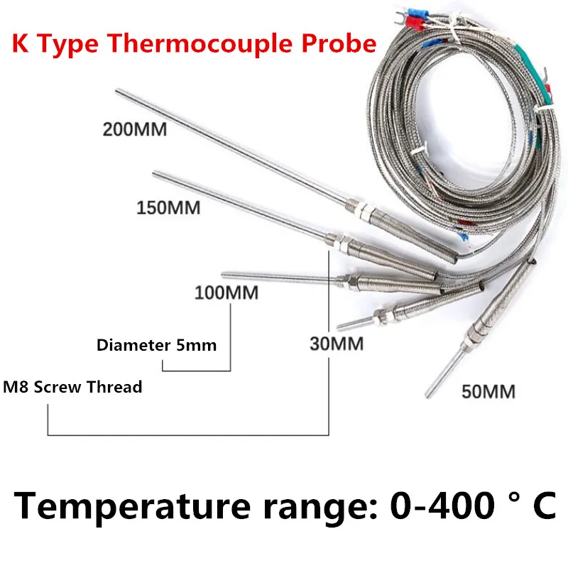 1 gab 5 metru K tipa Termopāris, Nerūsējošā Tērauda zondi Termopāri, Vītnes izmērs 8mm Termopāri, 0~400C Temperatūras Sensors