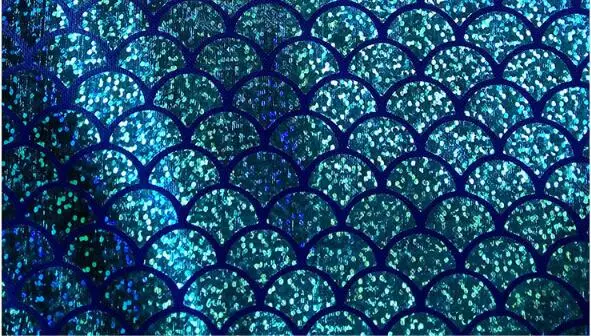 1m Ezera zilā lāzera mazo zivju mēroga zelta adīts audums, Sirēna, dekoratīvs audums skatuves sniegumu apģērbu audums, 150cm plats