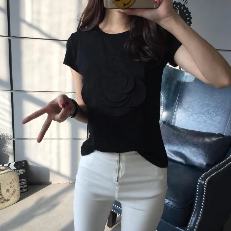 2018. gada Vasarā sievietēm, o-veida kakla īsām piedurknēm 3D ziedu t kreklu, kokvilnas t topi