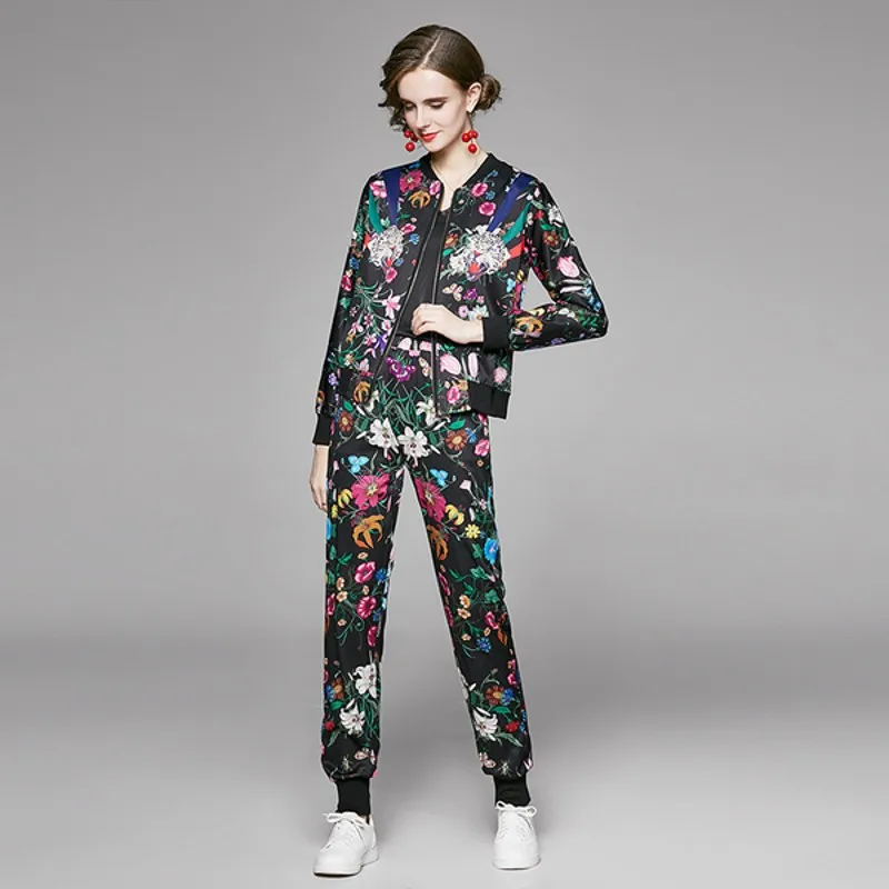 2020. gada rudenī Eiropas modes Gadījuma sievietes, ziedu apdrukas jaka jaka + bikses 2 gabals komplekti