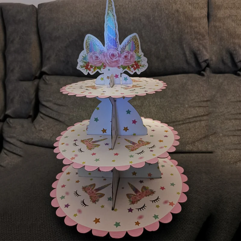 3 Stāvi Rozā Vienradzis Modelis Kūka Stāvēt Cupcake Displejs Stāvēt, lai Unicornio Tēmu Dzimšanas dienas svinības Apdare Bērni Grupa Krājumi