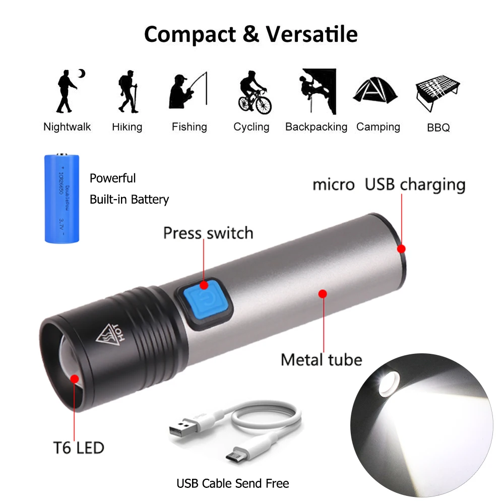 6000LM Lukturīti, USB Uzlādējams kabatas Lukturītis Ūdensizturīgs Lāpu T6 LED Lukturīti Portatīvo Zoom Lukturīti, ar iebūvētu Akumulatoru