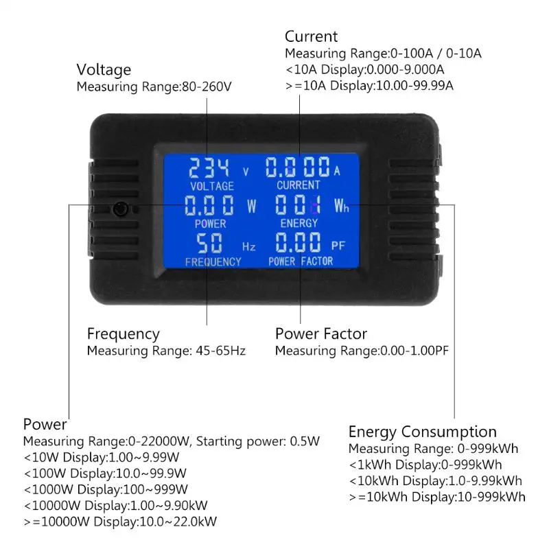 6in1 Digital AC 80~260V Power Energy Monitor Spriegums Strāvas KWh Watt Metru 100.A