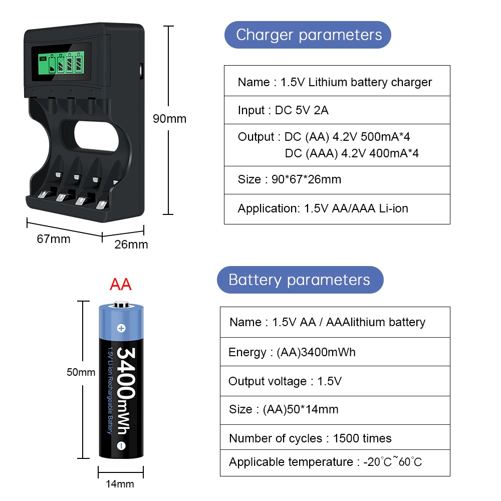 AA Uzlādējamas Baterijas 3400mWh 1,5 v AA Li-ion (Litija Akumulatoru Lādētājs ar LCD 1,5 v Li-ion AA AAA Uzlādējamās baterijas AA
