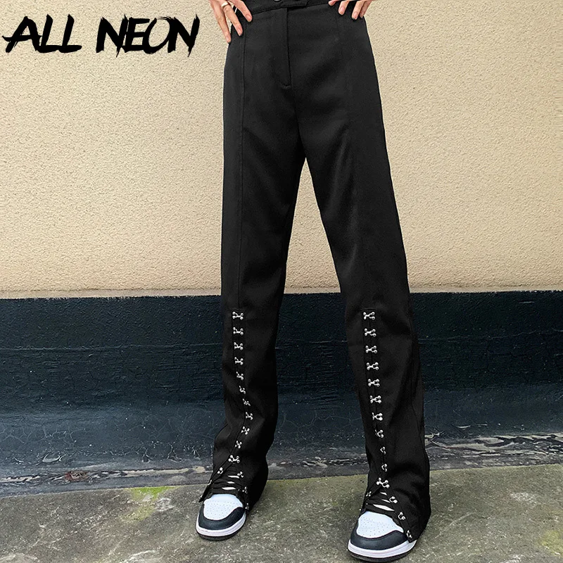 ALLNeon Grunge Streetwear Pogas Spraugas Baggy Bikses Mall Goth Y2K Augsto Vidukli, Taisniem Melnas Bikses E-meitene Vintage Gruntis Punk