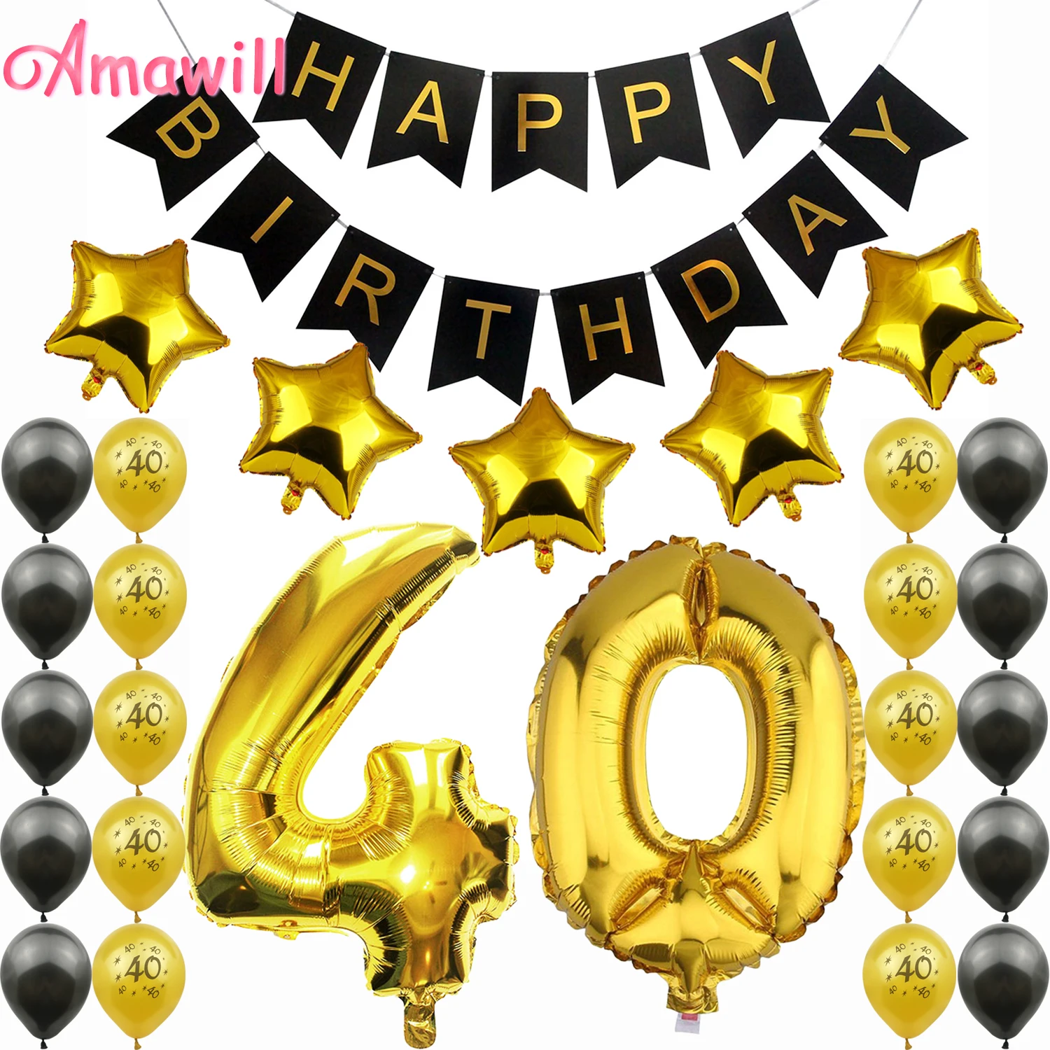 Amawill 40. Dzimšanas dienas svinības Dekorēšanas Komplekts Happy Birthday Banner Baloni 32inch Folija Skaits 40 Gadus Vecās Partijas Piegādes 7D