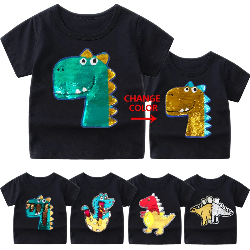 Baby Zēni, T Kreklu, Kokvilnas t-veida Topi Boy Cartoon Sequin Dinozauru Bērniem Outwear bērnu drēbītes, Topi 2-12 Gadu Zēnu Drēbes