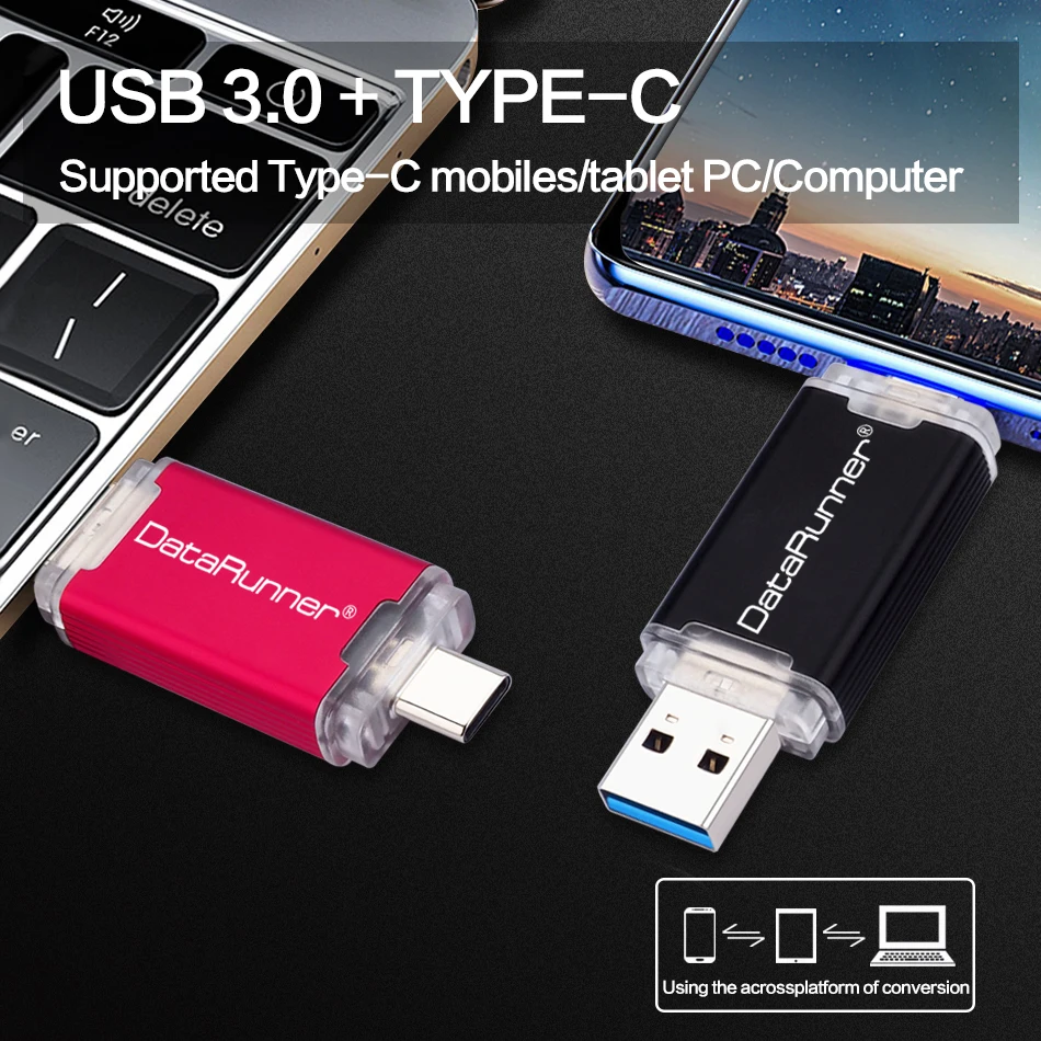 DataRunner OTG USB Flash Drive 2 1 USB3.0 & Type-C Pen Drive 512 GB un 256 gb 128GB 64GB, 32GB Pendrive ātrgaitas USB Memory Stick