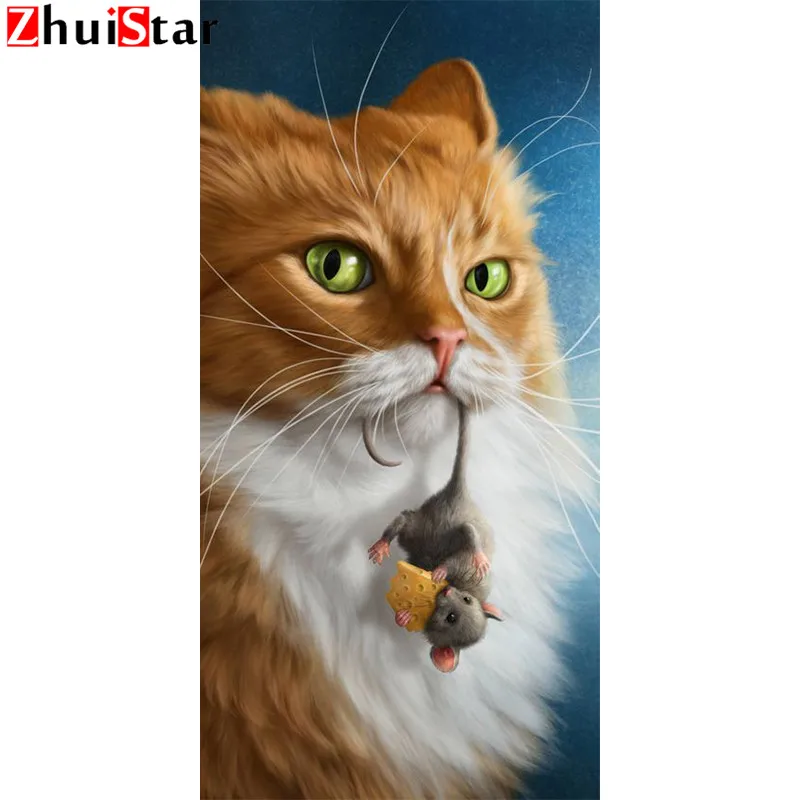 Dimanta krāsošana 5d karikatūra ēšanas peli, kaķis attēlu dimanta izšuvumi krustdūrienā rhinestone mozaīkas modelis mājas decorati ZWQ