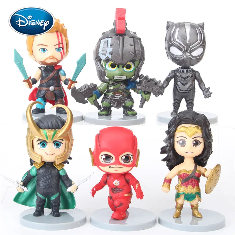Disney rotaļlietas Lelle Avengers 6pcsQ versija Thor / Pontons / Wonder Woman / Panther / Flash Puses Birojs rotaslietu kolekcijas rotaļlietas, dāvanu