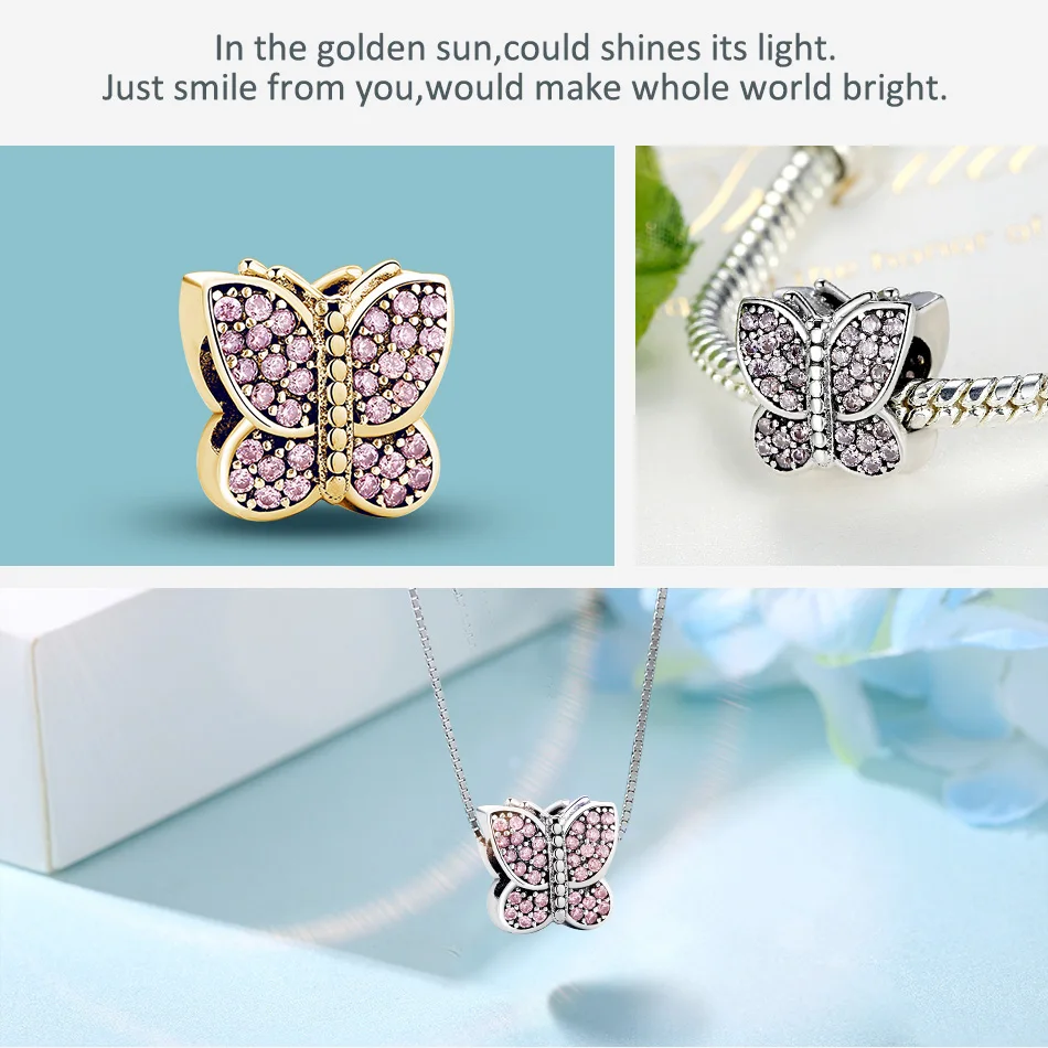 ELESHE 925 Sterling Silver Shine Crystal Butterfly Krelles Fit Sākotnējo Šarmu Rokassprādzi & Kaklarota Sievietēm DIY Rotaslietas