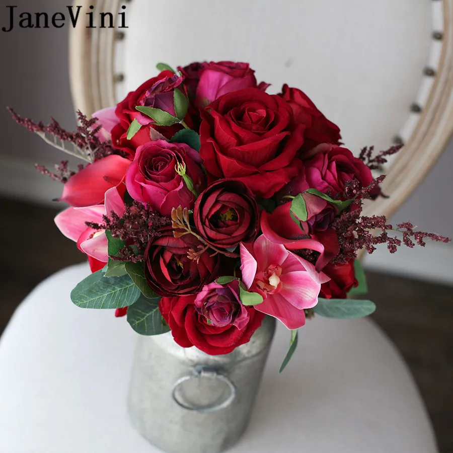 JaneVini Kāzu Ziediem, Līgavas Pušķiem Sarkanā lilija roze Apbur Mākslīgā Cymbidium Kalla lilija Līgava Roku Turētājs Puķu Pušķis