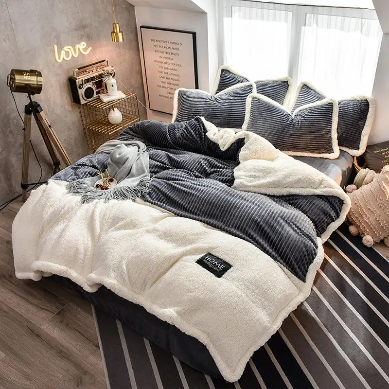 Jaunas samta Vilnas gultas komplekti 4gab svītru sega sedz dzīvoklis aprīkots lapa spilvendrāna ziemas siltas gultas veļa Flaneļa karalis karaliene