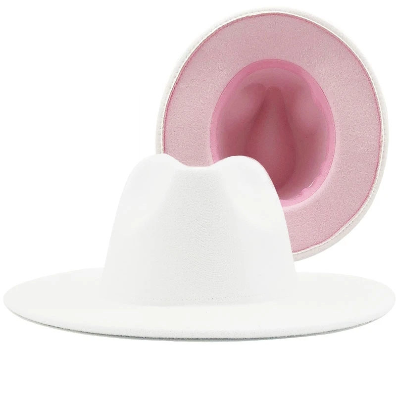 Jaunu Ārējo balto Iekšējo rozā Vilnas Filcs, Džeza Fedora Cepures ar Plānas Jostas Sprādzes Vīrieši Sievietes Platām Malām, Panama Trilby Klp 56-58CM