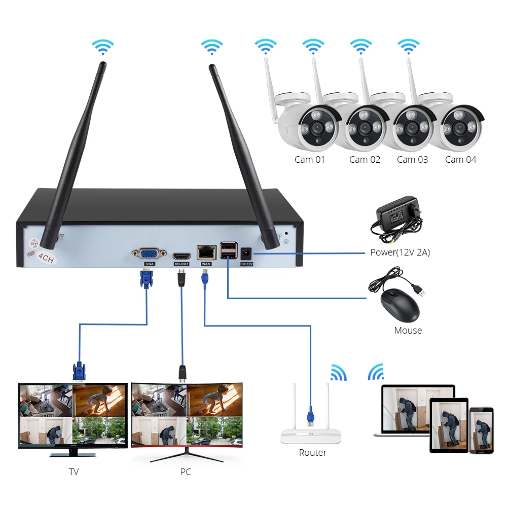 KERUI Drošības Kameru Sistēmas H. 265 1080P 2MP 4CH Bezvadu VRR Āra IS-CUT CCTV Video Novērošanas Komplekts Home Security, IP Kameras