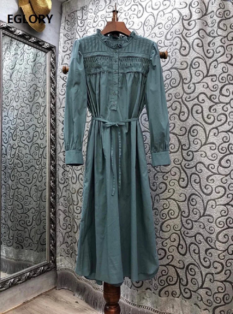 Kokvilnas Kleita 2020 Rudens Modes Apģērbi Sievietēm Kroku Raibs Garām Piedurknēm Vidum Teļš Garums Black Green Gadījuma Darbu Kleita