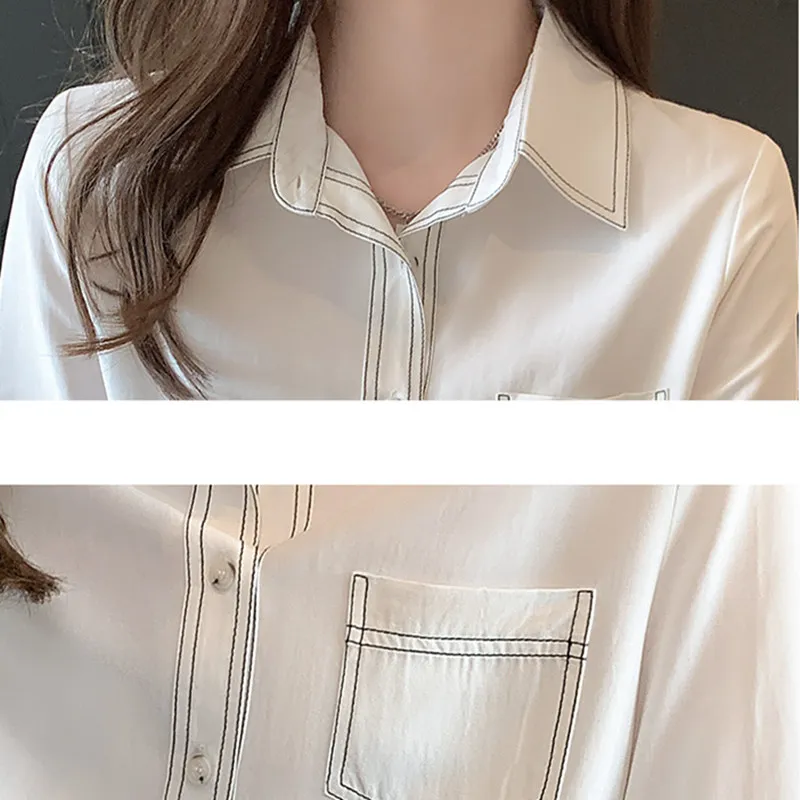 Korejas Sieviešu Blūze Balti Krekli Sievietēm Ar Garām Piedurknēm Krekli Sieviete Šifona Blūzes Krekls Sieviete Svītrainām Krekls Kabatas Topi Plus Lieluma