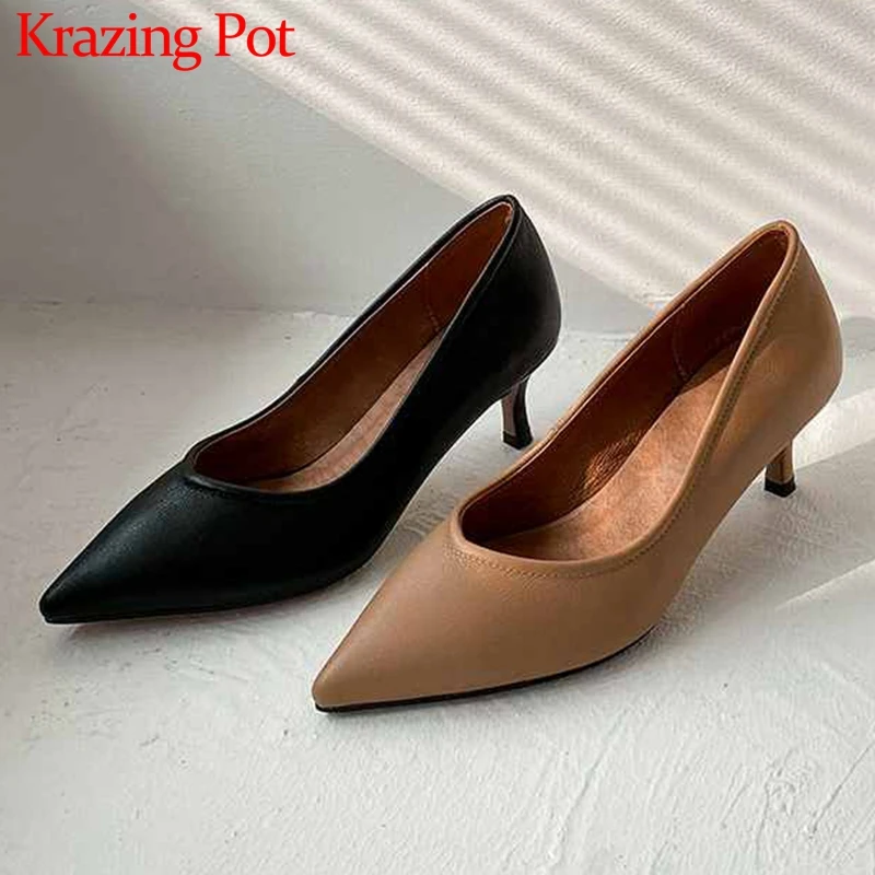Krazing Pot īstas ādas classic basic vienkāršu stila paslīdēt uz biroju dāma ikdienas valkāšanai duncis papēži norādīja toe sūkņi L18