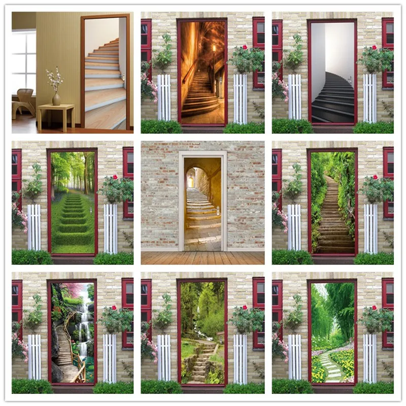 Kāpnes, Pattern Tapetes Durvis, Koka Atjaunot Pašlīmējošās Durvju Uzlīmes Multi Lielums Mājas Dekoru, Sienas Plakātu Portes De Sienas