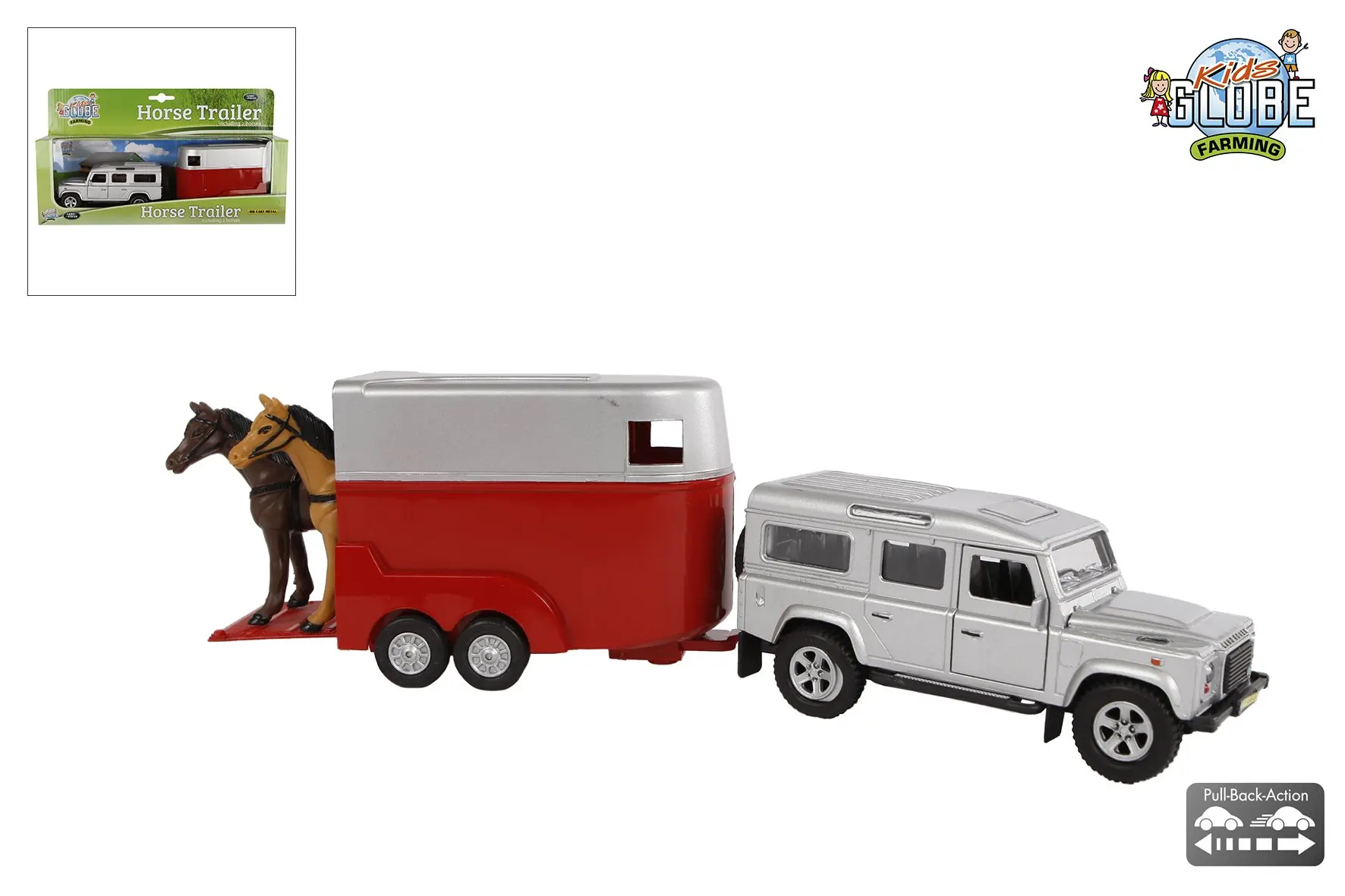 Land Rover automašīnu ar rotaļu zirgu piekabi, izglītības dāvanu zēniem un meitenēm. Darbojas ar pull atpakaļ rīcības.