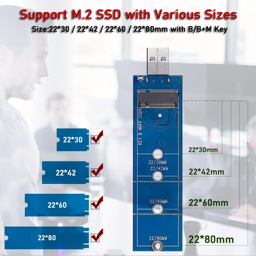 M. 2 USB adapteris, B taustiņu M. 2 SSD USB 3.0 karšu lasītājs, NGFF SATA converter atbalsta SATA SDD 2230 2242 2280 2260 bez cabl