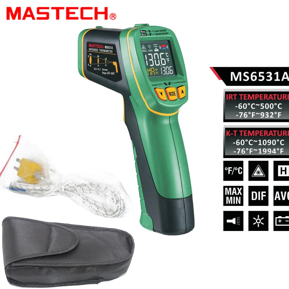 MASTECH MS6531A Rokas -60~500 pēc Celsija bezkontakta Infrasarkanais Termometrs Punkta Temperatūra Pistoli, ar K-tipa Mērīšanas