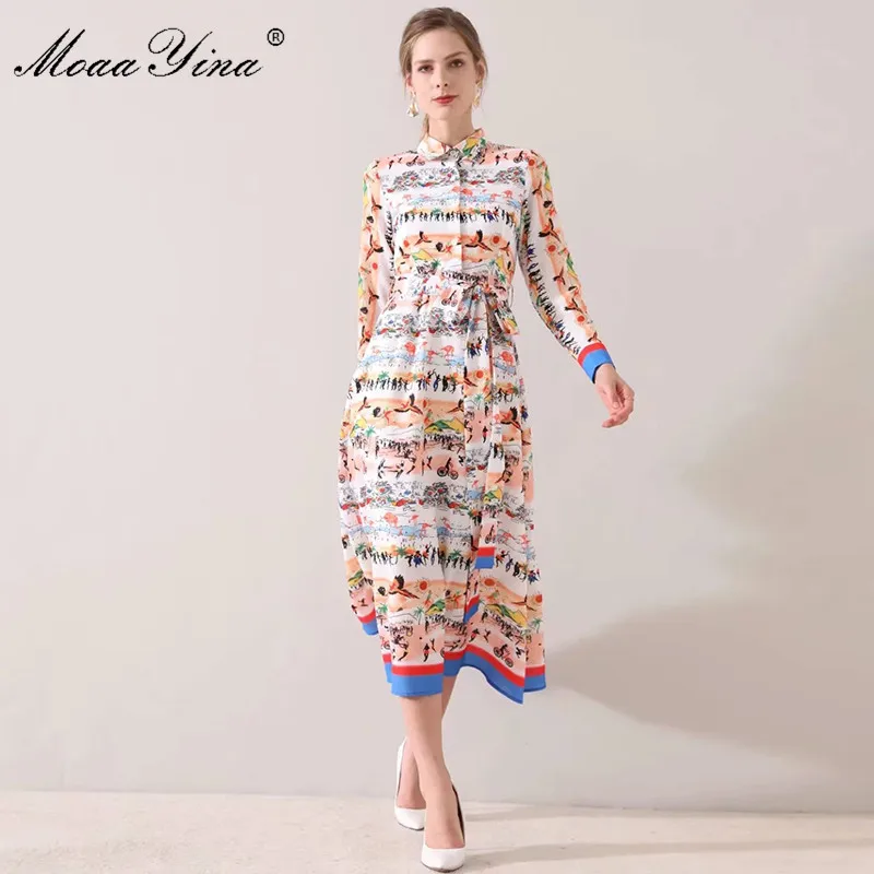 MoaaYina Modes Dizainera kleita Pavasara Vasaras Sieviešu Kleita ar garām piedurknēm Holiday Beach Drukāt Kleitas