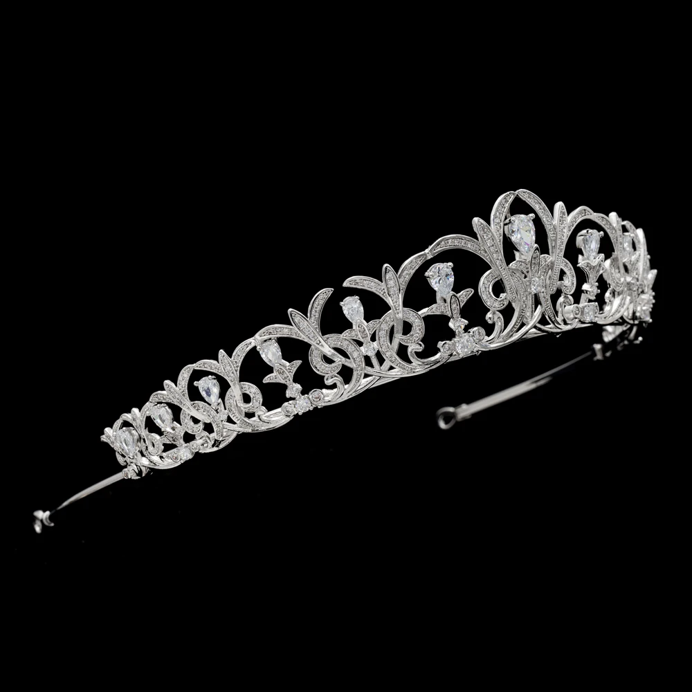 Modes Kritums CZ Kubiskā Cirkonija Ziedu Līgavas Tiara Royal Crown Romantisku Kāzu Galvas Matu Rotu S16414