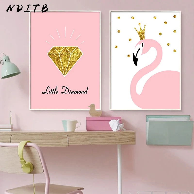 NDITB Karikatūra Flamingo Dimanta Plakātu Bērnudārza Sienas Mākslas Audekls Drukāt Krāsošana Ziemeļvalstu Apdare Sienas Attēlu Meiteņu Guļamistaba
