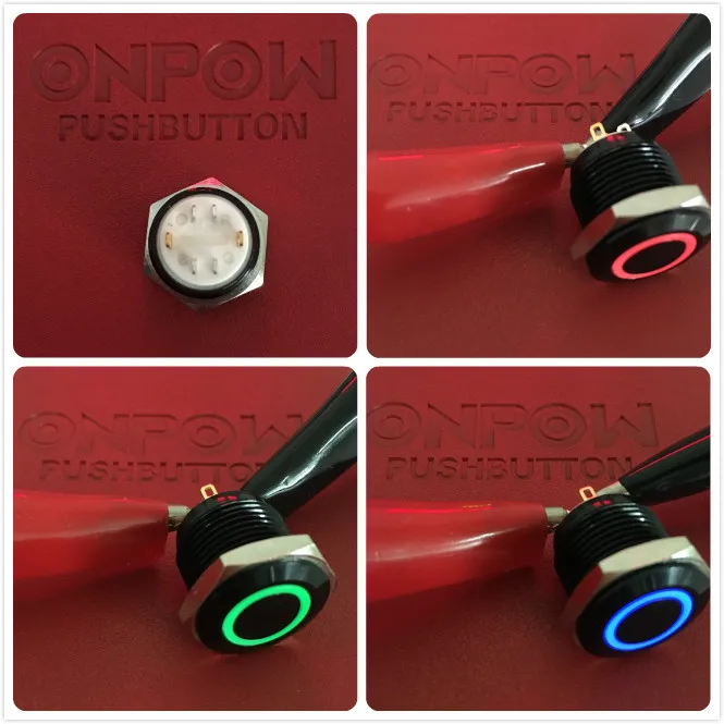 ONPOW 16mm trīskrāsu RGB Īslaicīgs gredzenu LED izgaismotas Black sakausējuma spiedpogu Slēdzi (GQ16F-10E/J/RGB/6V/A) CE,ROHS