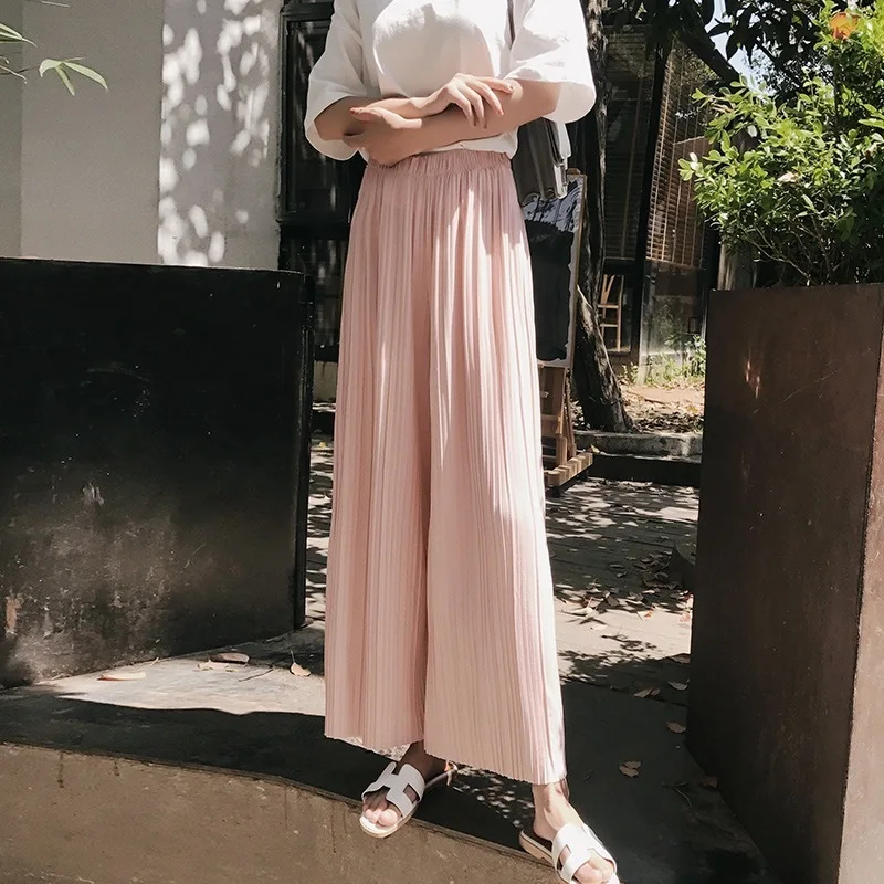 Plue Izmēra Bikses Korejas Potītes Garuma Bikses Modes Gadījuma Bikses Tīrtoņa Krāsu Plaša Kāju Sieviešu Vasaras Augsta Vidukļa Šifona Sievietes Elsas