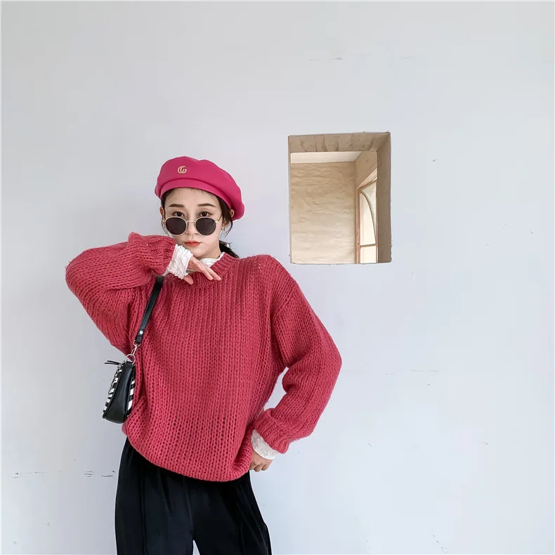Rozā apaļu kakla džemperis uzstādīt Rietumu stila jaunie vecāki-bērns, meitene, korejiešu stilā dobi bieza vilnas dzija