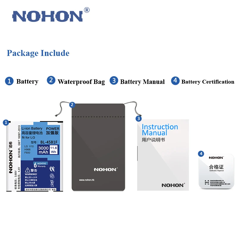 Sākotnējā NOHON Mobilo Li-ion Baterija LG V10 H961N H968 F600 BL-45B1F Nomaiņa Uzlādējams Augstas Ietilpības 3000mAh Bateria