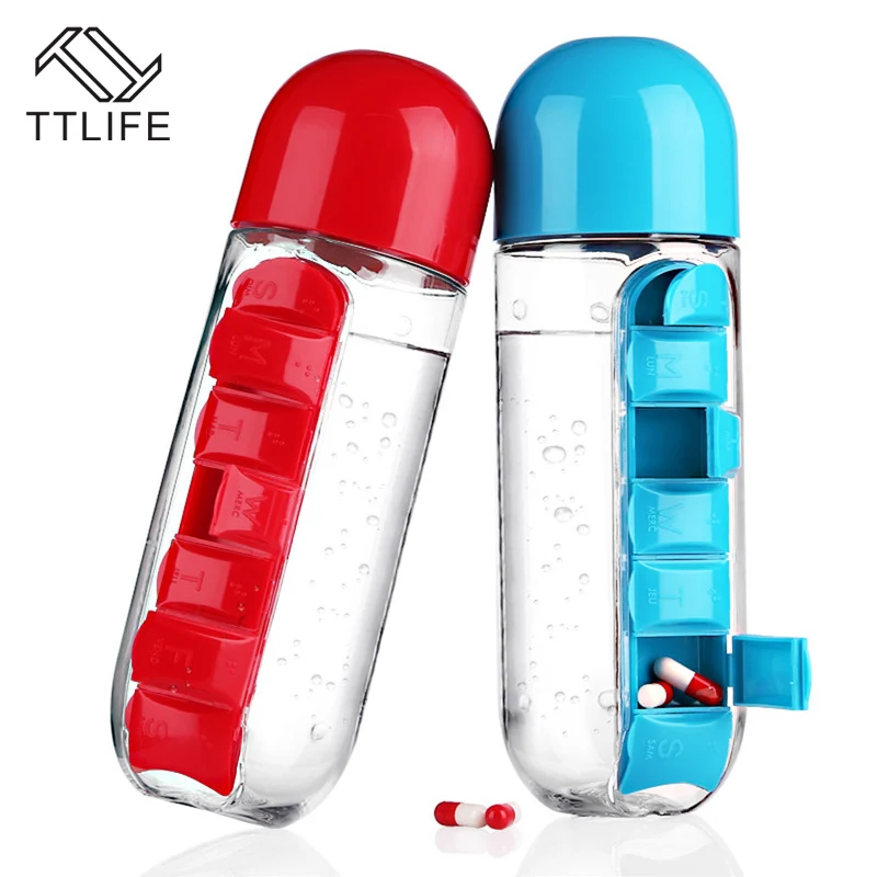TTLIFE 2 In 1 Portatīvo 600ML Plastmasas Noslēgtos necaurlaidīgos Ūdens Pudele Ar Ikdienas Pill Box Organizators Āra Drinkware Ar Vāku