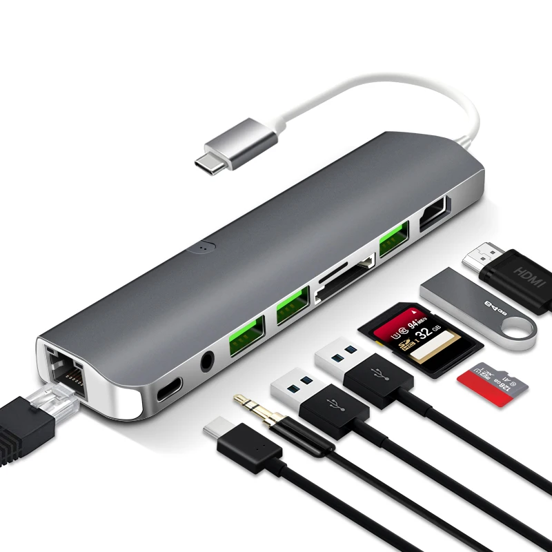 USB C Hub, 9 1 Multiport Hub, C Tipa Rumbu ar RJ45, HDMI USB3.0 PD SD TF 3.5 AUX Klēpjdatoru, vairākas Ierīces ar C Tipa Interfeiss
