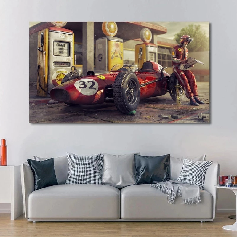 Vintage Automašīnu Plakātu Ferrari Classic Racing F1 Sacīkšu Auto-Mākslas Darbs Sienas Mākslas Audekls Drukāt Glezniecības Ainu Mājas Dzīvojamā Istaba Dekori