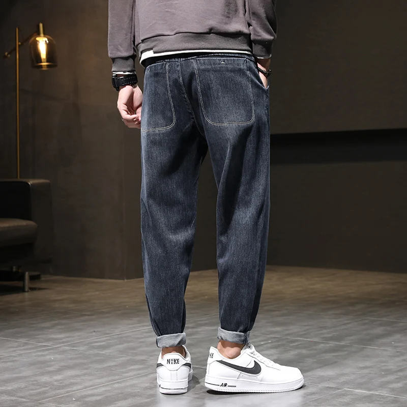 Vīriešu Džinsi, Bikses Harēma Bikses Baggy Elastīgu Vidukli, Tumši Zilā Plaša Kāju Loose-fit Hip Hop Streetwear Yong Zēnu Modes Vīriešu Bikses