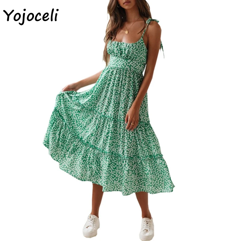 Yojoceli šiks ziedu drukāt sundress sieviešu boho beach midi kleitu sieviešu vestidos kleita lielā svārsta kleita