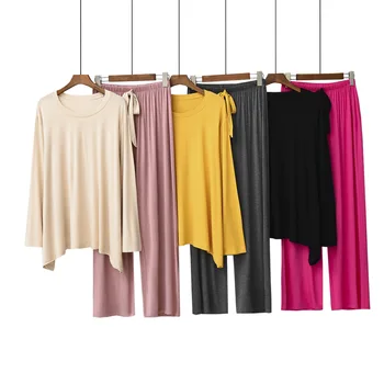 Pavasarī un Rudenī Kontrasta Krāsu Kravu garām piedurknēm Siksnas Bikses Vaļīgas Divu gabalu Ārpus Valkāt Pidžamas Komplekts Sieviešu Mājas Apģērba