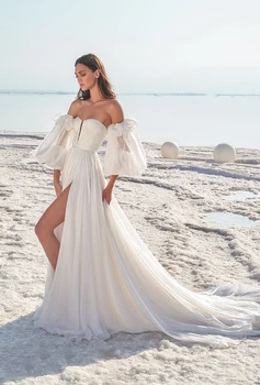 Verngo Beach Kāzu Kleitu Boho Elegants Ar Garām Piedurknēm Kāzu Kleitas Backless Šifona Līgavas Kleitu, Tērpu De Mariee