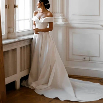 Klasisks, Vienkāršas Konstrukcijas Princese Kāzu Kleitas Pie Pleca ar Īsām Piedurknēm Satīna Vintage Līnijas, Līgavas Kleitas vestido de noiva