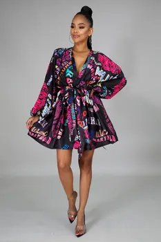 Sieviešu Modes Vēstuli Printed Kleita Sexy V-neck Āfrikas Stila Kleitas Dāma ar garām Piedurknēm-line Gadījuma Nakts Klubs Valkāt Kleitu