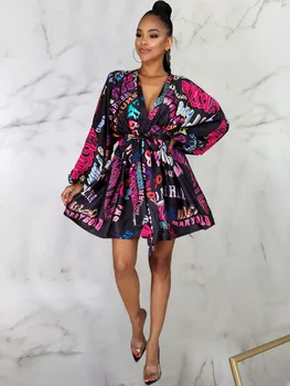 Sieviešu Modes Vēstuli Printed Kleita Sexy V-neck Āfrikas Stila Kleitas Dāma ar garām Piedurknēm-line Gadījuma Nakts Klubs Valkāt Kleitu