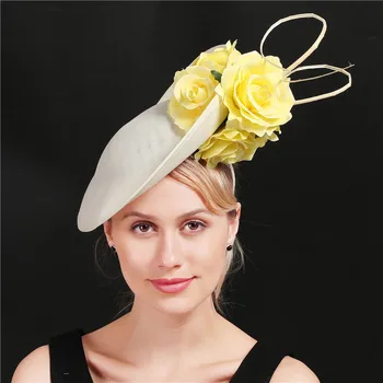 Ziloņkaula Ar Dzeltenu Ziedu Fascinators Roku Darbs Cepures Imitācija Sinamay Elegantas Dāmas Liels Fascinators Galvu Piederumi