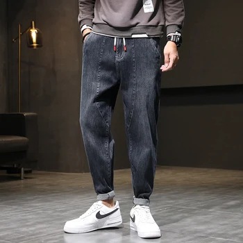Vīriešu Džinsi, Bikses Harēma Bikses Baggy Elastīgu Vidukli, Tumši Zilā Plaša Kāju Loose-fit Hip Hop Streetwear Yong Zēnu Modes Vīriešu Bikses