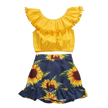 Vasaras 18M-5Years Kid Baby Meiteņu Tērpiem Savirmot Pie Pleca Crop Topi + Ziedu Mini Svārki, Vasaras Drēbes, Uzstādīt