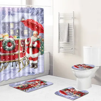 Ziemassvētku Ūdensizturīgs Dušas Aizkars Pjedestāla Paklāju Vāks Tualetes Vāka Vannas Paklājiņš Laimīgu Jauno Gadu, Santa Klauss Sarkanā Istaba Ziemassvētki Dekori