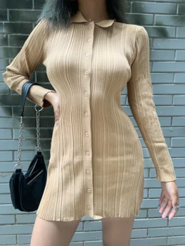 Modes Sievietes Adījumu, pogu garām piedurknēm Kleita Slim, Sexy Kleitas Antumn Meitene Lady Adīt Kleita 2020