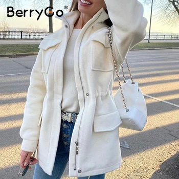 BerryGo elegants sieviešu īsās žaketes mēteļi sieviešu birojs augsta apkakle rudens ziemas plānas jakas sieviešu kabatas mēteli 2020